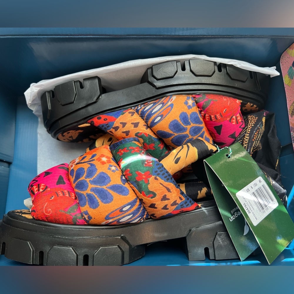 FARM Rio Brazil Scarf Mixed Prints Chunky Lug Shoes Puffy Sandals NWT BOX 9 40